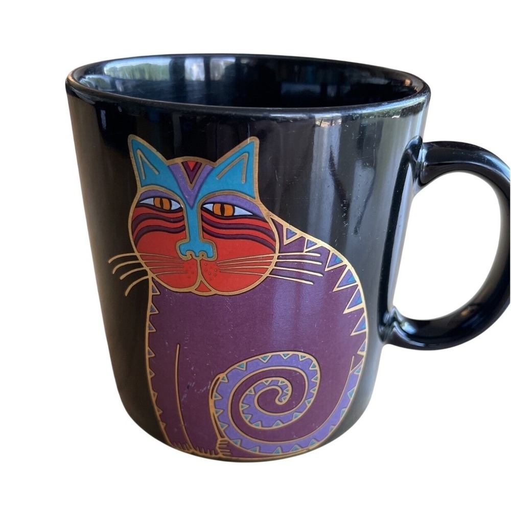 LAUREL BURCH "MYTHICAL CAT", Ceramic Coffee Cup Mug JAPAN 1980's Black Purple‎